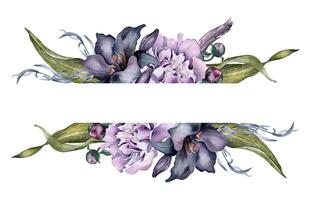 ram av vattenfärg svart blommor och fjädrar isolerat på vit. gotik blommig illustration hand ritade. botanisk konst med mörk lilja, pion, löv. bröllop dekoration, inbjudan, bakgrund, kort vektor