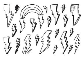 uppsättning av hand dragen klotter elektrisk blixt- bult symbol skiss illustrationer. åska symbol klotter ikon. vektor