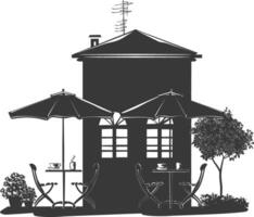 silhuett Kafé främre gård med paraplyer i de stad svart Färg endast vektor