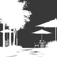 Silhouette Cafe Vorderseite Hof mit Regenschirme im das Stadt schwarz Farbe nur vektor
