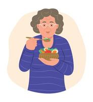 Alten Frau Essen Salat zum gesund Essen Konzept Illustration vektor