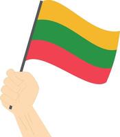 Hand halten und erziehen das National Flagge von Litauen vektor