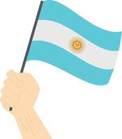 Hand halten und erziehen das National Flagge von Argentinien vektor