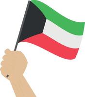 Hand halten und erziehen das National Flagge von Kuwait vektor