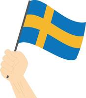 hand innehav och höjning de nationell flagga av Sverige vektor