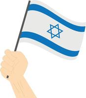 Hand halten und erziehen das National Flagge von Israel vektor