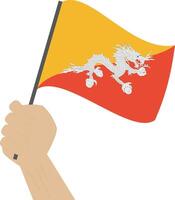 Hand halten und erziehen das National Flagge von Bhutan vektor