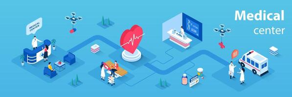 medicinsk Centrum begrepp 3d isometrisk infographics webb baner. människor besök sjukhus, motta samråd från terapeut, do tester i laboratorium. illustration i isometri grafisk design vektor