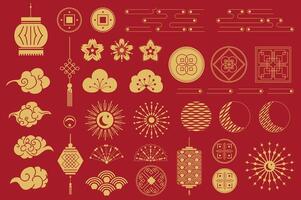 kinesisk element och utsmyckningar isolerat uppsättning i platt design. bunt av asiatisk guld traditionell och symboler till Semester, lyktor, moln, blommor, ramar, knutar, rosetter och Övrig. illustration. vektor