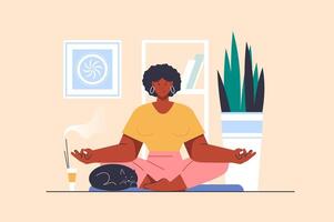 Yoga trainieren Konzept mit Menschen Szene im eben Design. Frau Sitzung im Lotus Position und tun Meditation beim Zuhause und verbessert mental Gesundheit. Illustration mit Charakter Situation zum Netz vektor