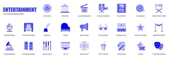 Unterhaltung Konzept von Netz Symbole einstellen im einfach eben Design. Pack von DVD Rabatt, Theater, Klappe, Film, Film, Direktor, Stuhl, Mikrofon, Bühne und andere. Blau Piktogramme zum Handy, Mobiltelefon App vektor