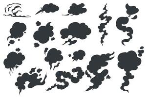 rök silhuetter isolerat grafisk element uppsättning i platt design. bunt av annorlunda svart ånga och ånga former, gas lukt eller moln texturer, rör på sig hastigheter i komisk stil. illustration. vektor