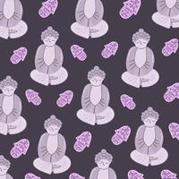 yoga och buddha mönster, hamsa på lila bakgrund vektor