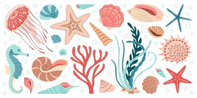hand dragen tecknad serie hav liv element uppsättning. vatten- djur, anemoner, krabba, manet, alger, snäckskal, sjöstjärna, hav häst. trendig platt klotter uppsättning under vattnet ekosystem illustration vektor