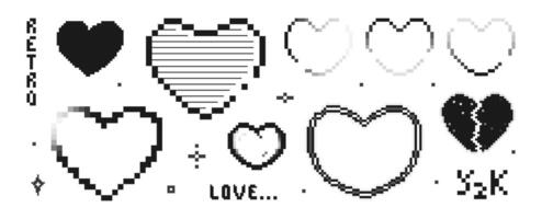 hjärtan i pixel och y2k stil. uppsättning av retro trendig element i svartvit färger. bruten hjärta. vektor