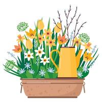 gul vår blommor i en trädgård pott. påskliljor, tulpaner och primula i en stor trädgård handfat. en rustik vår scen med gul primörer. illustrerade ClipArt. vektor