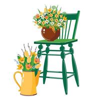 årgång grön stol med vår påskliljor, tulpaner i en pott. vår blommor och en trä- grön stol. illustrerade ClipArt. vektor