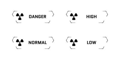 hud digital trogen användare gränssnitt strålning ram uppsättning. sci fi hög tech radioaktiv nivå skärmar. gui och fui cyber övervakning kärn indikator instrumentbräda panel. huvud upp visa ui design element vektor