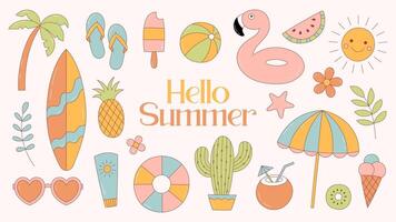 samling av färgrik sommar element. flamingo, solglasögon, frukter, handflatan, surfbräda, strand paraply. illustration vektor