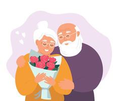 Alten Paar zusammen. Großvater Umarmungen Oma und gibt ihr Blumen. vektor