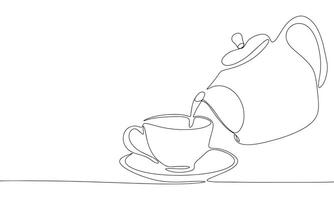 Kessel mit Tasse einer Linie kontinuierlich. Linie Kunst Teekanne und Tasse von Tee. Hand gezeichnet Kunst. vektor
