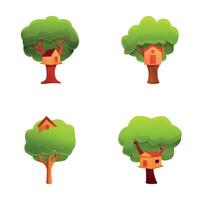 barn hus ikoner uppsättning tecknad serie . mysigt byggnad på trä gren i trädgård vektor