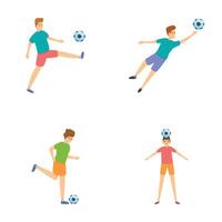Fußball Spieler Symbole einstellen Karikatur . Fußball Spieler trete Ball mit Fuß vektor