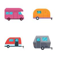 camping bil ikoner uppsättning tecknad serie . skåpbil och plocka upp lastbil med trailer vektor