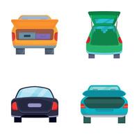 Auto Kofferraum Symbole einstellen Karikatur . Minivan mit öffnen Kofferraum vektor