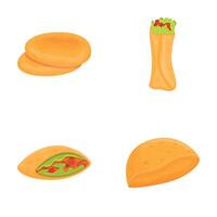 pita ikoner uppsättning tecknad serie . ingrediens för laga mat tortilla burrito och taco vektor