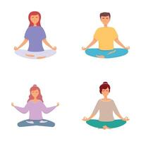 mediterar människor ikoner uppsättning tecknad serie . människor i yoga lotus hållning vektor