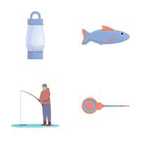 vinter- fiske ikoner uppsättning tecknad serie . fiskare fiske med Utrustning vektor