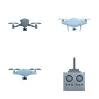 quadrocopter ikoner uppsättning tecknad serie . olika Drönare med integrerad kamera vektor