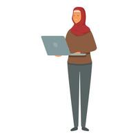 lächelnd arabisch Mädchen mit Laptop Symbol Karikatur . online Studie Kurs vektor