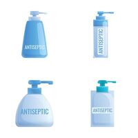 antiseptisk desinfektionsmedel ikoner uppsättning tecknad serie . spray dispenser och flaska vektor