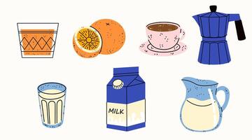 uppsättning av med frukost mat och drycker. samling av olika mat mjölk, kaffe, orange juice, orange, kaffe pott. hand dra illustration för design. isolerat på en vit bakgrund. vektor