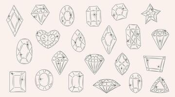 uppsättning av översikt juveler. ädelstenar i hand dragen stil. symboler samling av ruter, lysande, kvarts, mineraler, kristaller och Ädelsten. klotter illustration. vektor