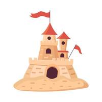 Sandburg mit rot Flaggen. Schloss mit Turm gemacht von Gelb Sand. Sommer, Strand, Ferien Konzept. Illustration isoliert auf Weiß Hintergrund. vektor