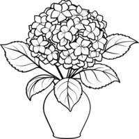 hortensia blomma på de vas översikt illustration färg bok sida design, hortensia blomma på de vas svart och vit linje konst teckning färg bok sidor för barn och vuxna vektor