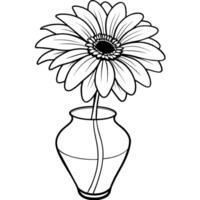 gerbera blomma på de vas översikt illustration färg bok sida design, gerbera blomma på de vas svart och vit linje konst teckning färg bok sidor för barn och vuxna vektor