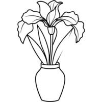 iris blomma på de vas översikt illustration färg bok sida design, iris blomma på de vas svart och vit linje konst teckning färg bok sidor för barn och vuxna vektor