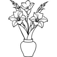 Gladiole Blume auf das Vase Gliederung Illustration Färbung Buch Seite Design, Gladiole Blume auf das Vase schwarz und Weiß Linie Kunst Zeichnung Färbung Buch Seiten zum Kinder und Erwachsene vektor