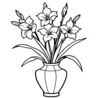 Gladiole Blume auf das Vase Gliederung Illustration Färbung Buch Seite Design, Gladiole Blume auf das Vase schwarz und Weiß Linie Kunst Zeichnung Färbung Buch Seiten zum Kinder und Erwachsene vektor