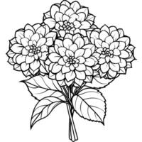hortensia blomma bukett översikt illustration färg bok sida design, hortensia blomma bukett svart och vit linje konst teckning färg bok sidor för barn och vuxna vektor