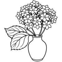 hortensia blomma på de vas översikt illustration färg bok sida design, hortensia blomma på de vas svart och vit linje konst teckning färg bok sidor för barn och vuxna vektor