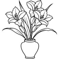 gladiolus blomma på de vas översikt illustration färg bok sida design, gladiolus blomma på de vas svart och vit linje konst teckning färg bok sidor för barn och vuxna vektor