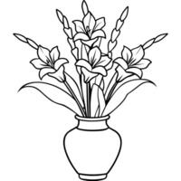 gladiolus blomma på de vas översikt illustration färg bok sida design, gladiolus blomma på de vas svart och vit linje konst teckning färg bok sidor för barn och vuxna vektor