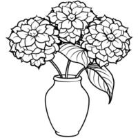 hortensia blomma på de vas översikt illustration färg bok sida design, hortensia blomma på de vas svart och vit linje konst teckning färg bok sidor för barn och vuxna vektor