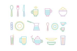 mat och servis uppsättning av ikoner i linje grafik. sked, gaffel, kniv, kopp, tallrik, glas, cezve, tekanna varm dryck vektor