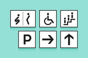 uppsättning av navigering tecken. ikoner toalett eller toalett, pil och rulltrappa på vit bakgrund. illustration. vektor